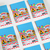 Circus-themed blue printed chocolate wrappers with George Zoo Tour text and barcode