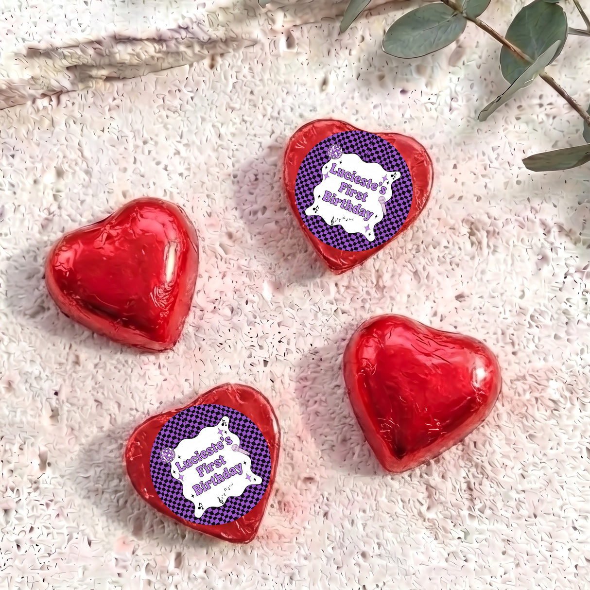 Purple Disco Personalised Foil Covered Chocolate Hearts