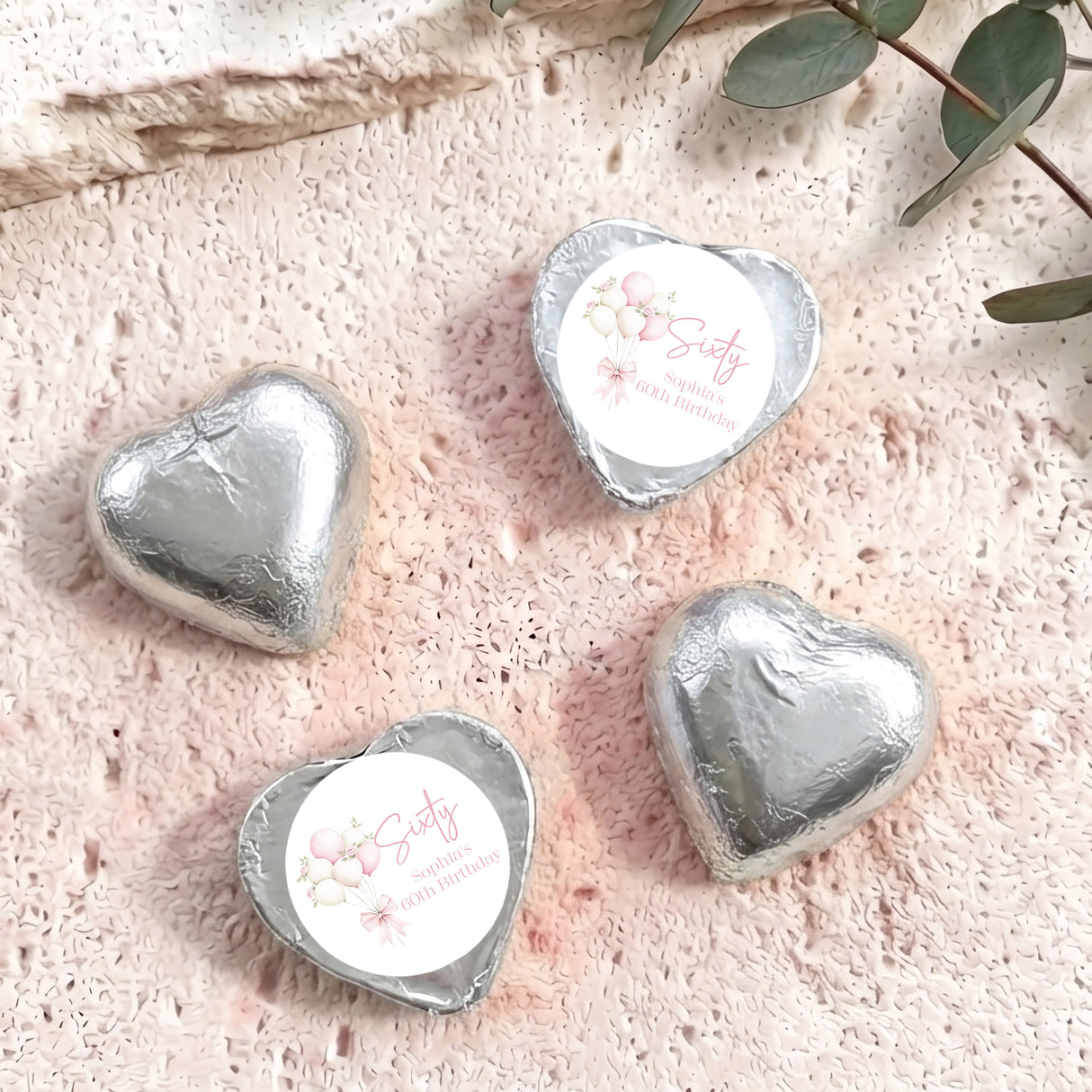 Balloons Bow 60th Birthday Personalised Foil Covered Chocolate Hearts