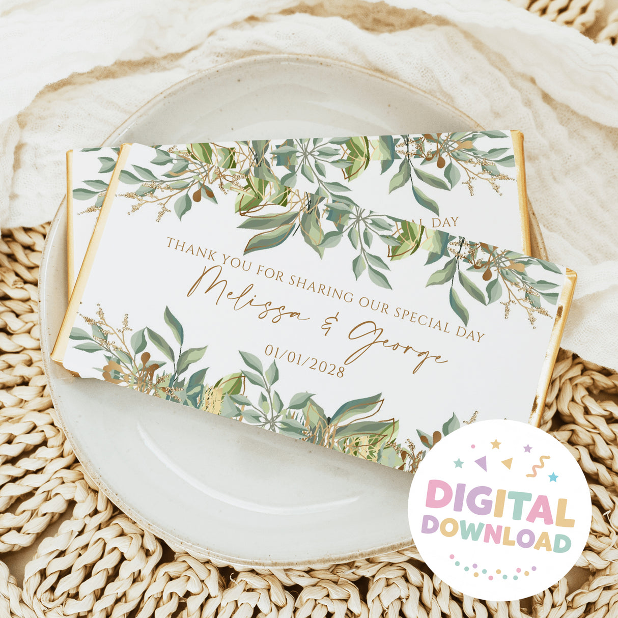 Printable wedding chocolate bar wrapper with eucalyptus botanical design and thank you text