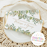 Printable wedding chocolate bar wrapper with eucalyptus botanical design and thank you text