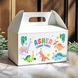 Dinosaur birthday gable favour box, white with colorful dinos and 'Asher turns three'