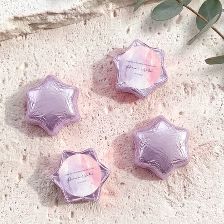 Purple foil star chocolates with circular personalized label, hex-star wrap