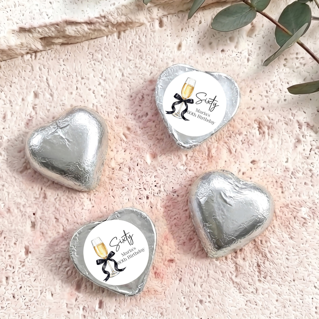 Champagne 60th Birthday Personalised Foil Covered Chocolate Hearts