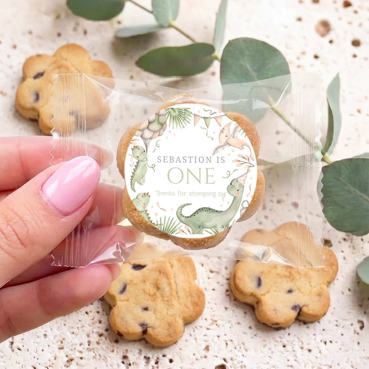Hand holding dinosaur-themed personalised cookie with “One” sticker on clear wrapper