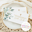 Chocolate bar wrapper with eucalyptus leaves and gold cross, baptism thank-you text