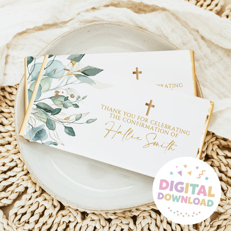 Chocolate bar wrapper with eucalyptus leaves and gold cross, baptism thank-you text