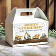 Construction birthday gable favour box with handle cutout and tractor-themed design, white