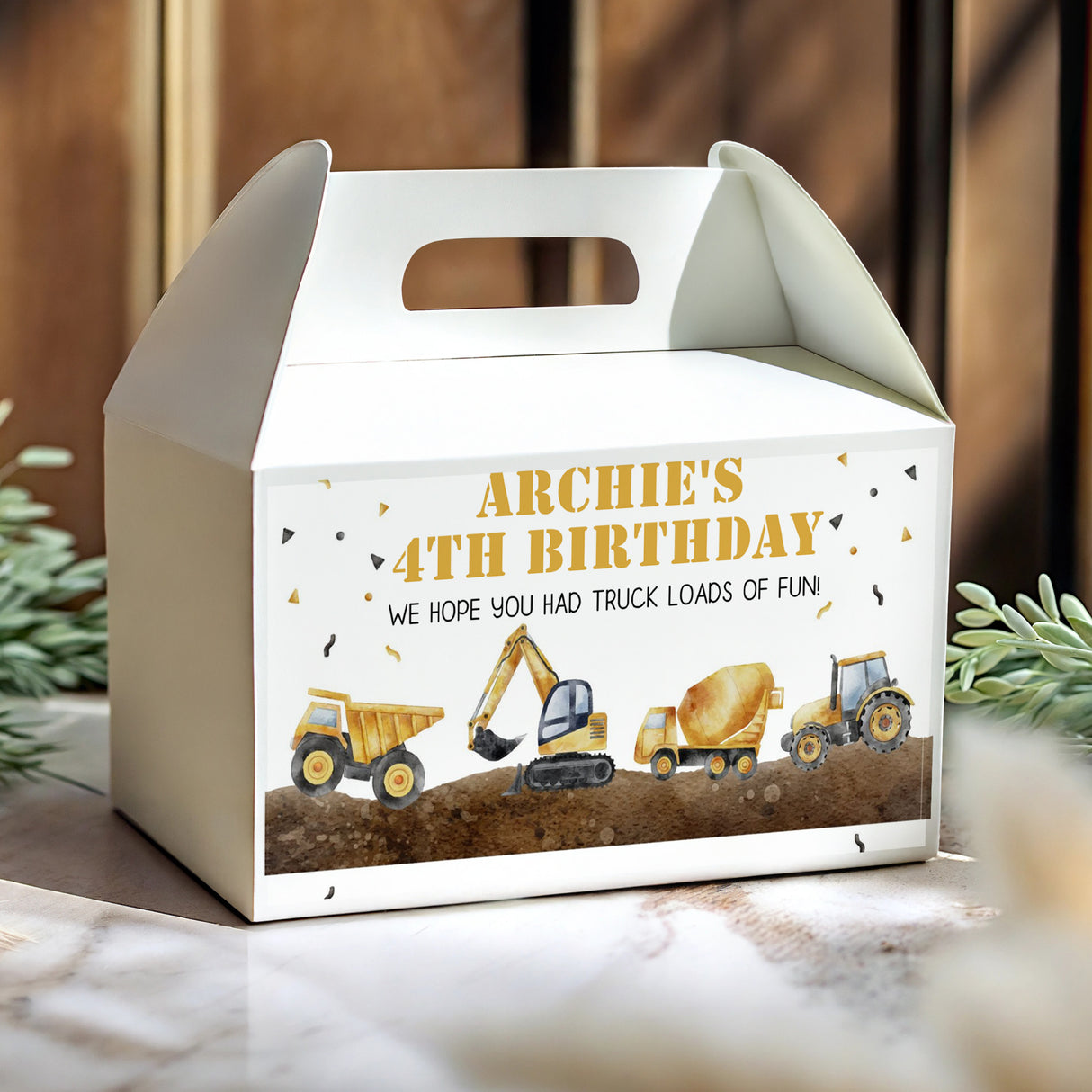 Construction birthday gable favour box with handle cutout and tractor-themed design, white