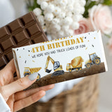 Birthday chocolate bar wrapper with construction vehicles and '4th BIRTHDAY' text