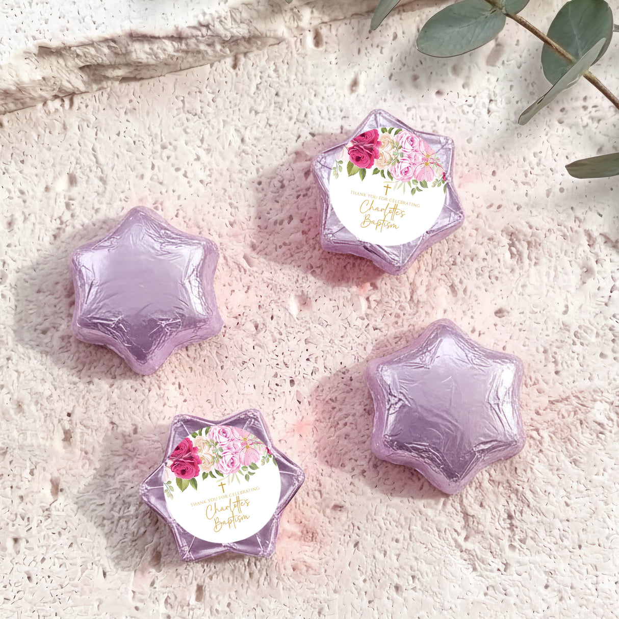 Foil-covered chocolate stars with floral personalized label, lavender foil shapes