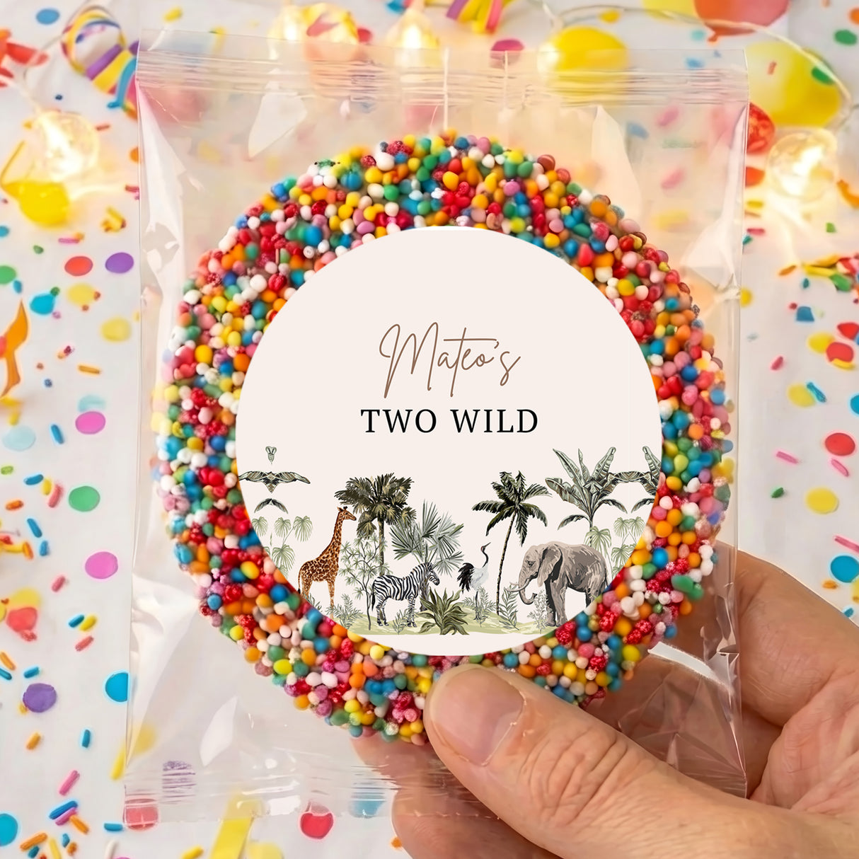 Clear pouch of multicolored candy freckles with circular jungle animal label
