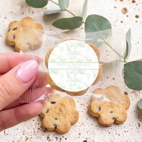 Personalised bite-size choc chip cookie in clear bag with white round label disc