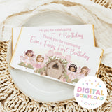 Custom printed fairy first birthday chocolate bar wrapper with pink flowers and characters