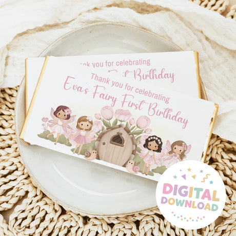 Custom printed fairy first birthday chocolate bar wrapper with pink flowers and characters