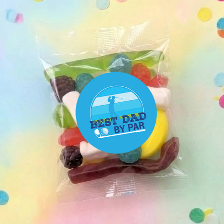 Personalised lolly bag with blue 'Best Dad By Par' label and mixed sweets