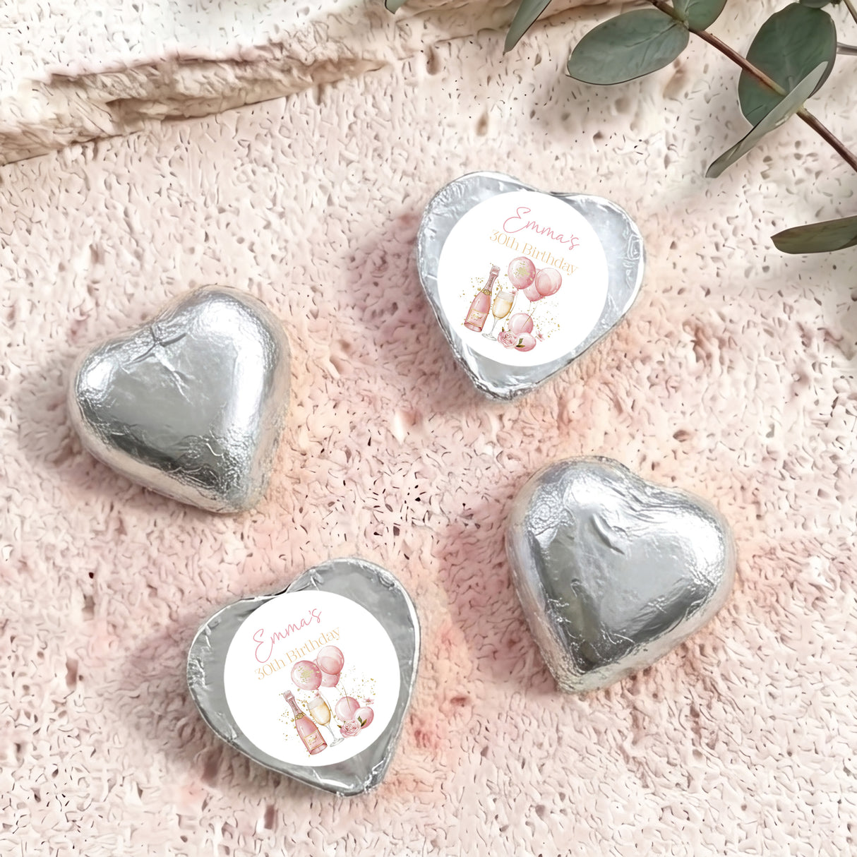 Pink Champagne 30th Birthday Personalised Foil Covered Chocolate Hearts