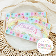 Birthday print chocolate bar wrapper with floral pastel design and 'Charlotte turns 4'.
