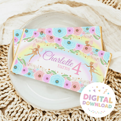 Birthday print chocolate bar wrapper with floral pastel design and 'Charlotte turns 4'.