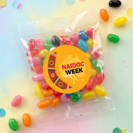 Personalised jelly bean bag with Naidoc Week sticker, clear pouch of colorful beans