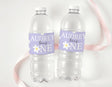 Personalised water bottle labels with purple daisies and name Audrey