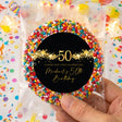50th birthday giant freckles in clear bag with round black 50th label and gold stars