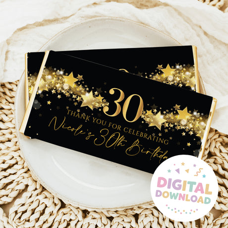 Black chocolate bar wrapper with gold stars and large '30' birthday text.