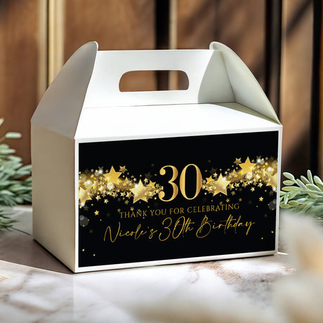 Black & gold stars 30th birthday personalised gable favour box with Nicole name