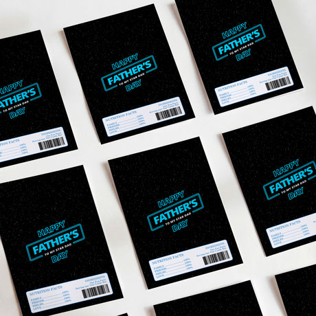 Set of DIY chocolate wrappers, black 'Happy Father's Day' 'to my star dad' with barcode nutrition panels