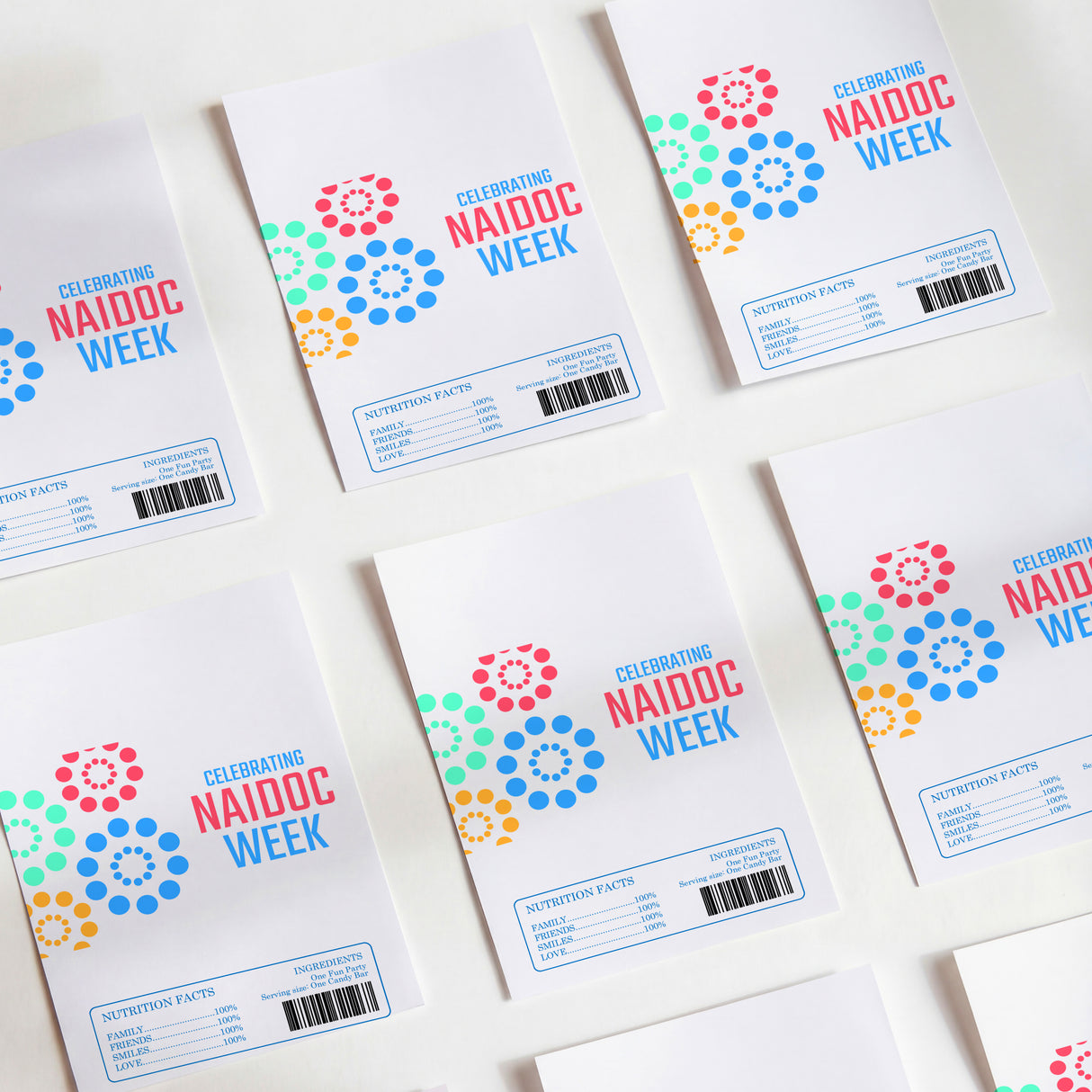 NAIDOC Week pastel spot chocolate wrappers with barcode and nutrition label