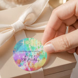 Round tie-dye birthday label with printed thank-you message and child's name on sticker