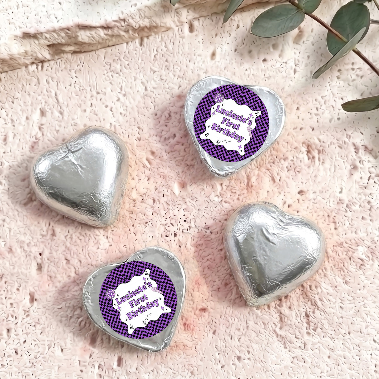 Purple Disco Personalised Foil Covered Chocolate Hearts