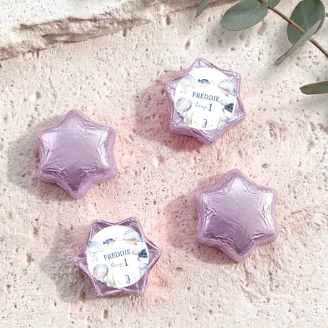 Purple foil-covered chocolate stars set, with Freddie personalised label