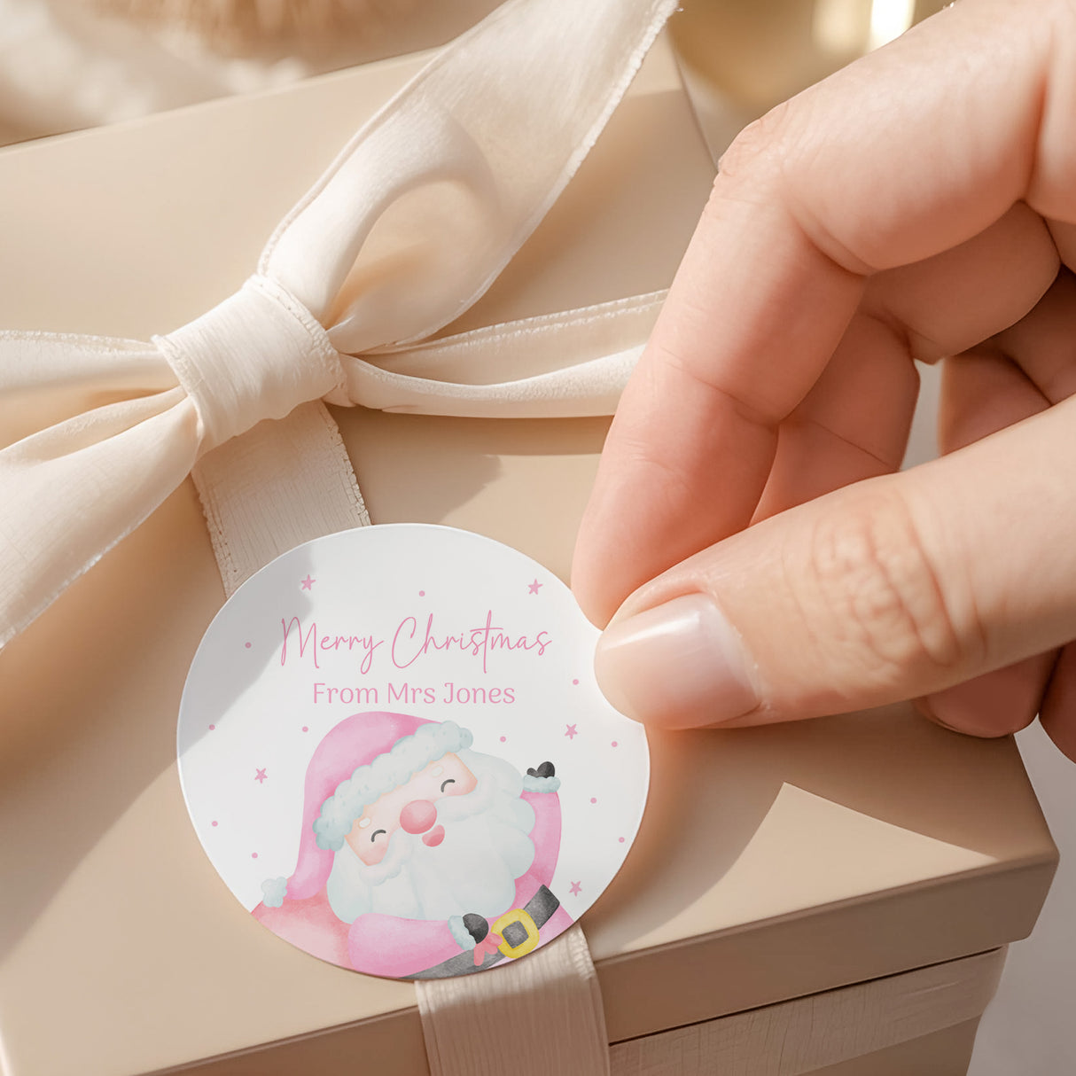 Pink Santa Round Printed Labels