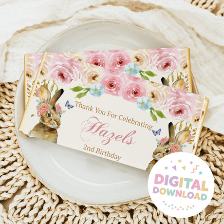 Chocolate bar gift with floral bunny print, birthday message and decorative flowers