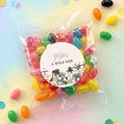 Personalised jelly bean bag with jungle-themed circular label in clear wrapper
