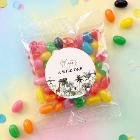 Personalised jelly bean bag with jungle-themed circular label in clear wrapper