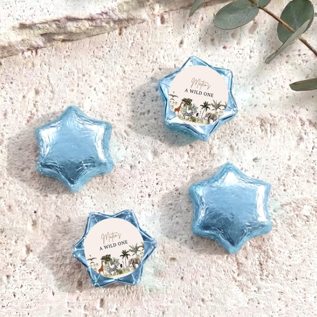 Jungle safari “A Wild One” foil-covered chocolate star set in blue