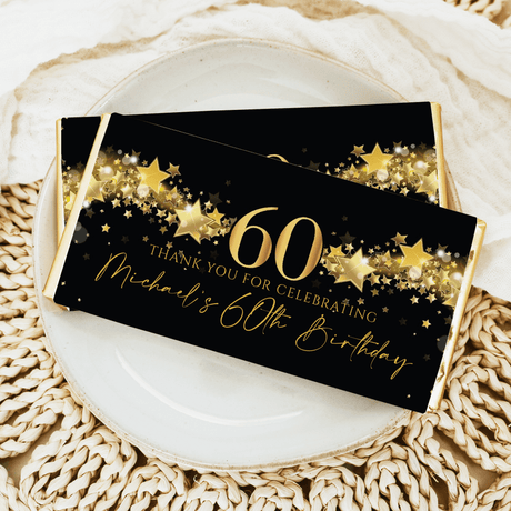 Black & gold 60th birthday chocolate bar wrapper with star confetti and thank-you