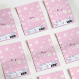 Pink DIY chocolate wrappers with daisy print and SCARLET TW text, barcode labels.