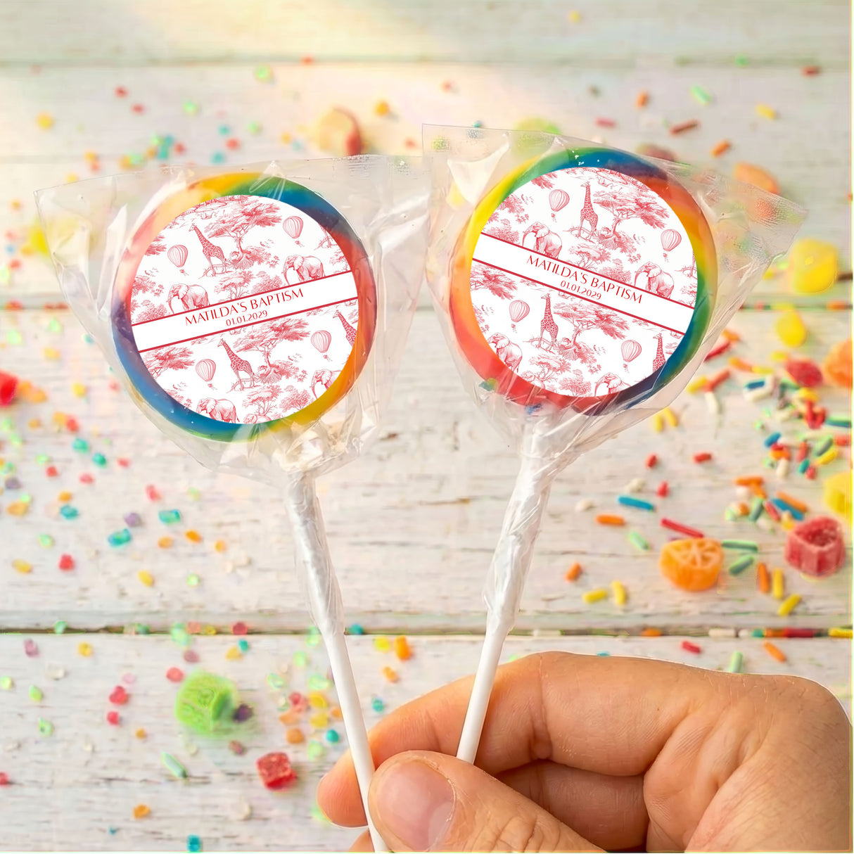 Red Safari Toile Baptism Personalised Lollipops