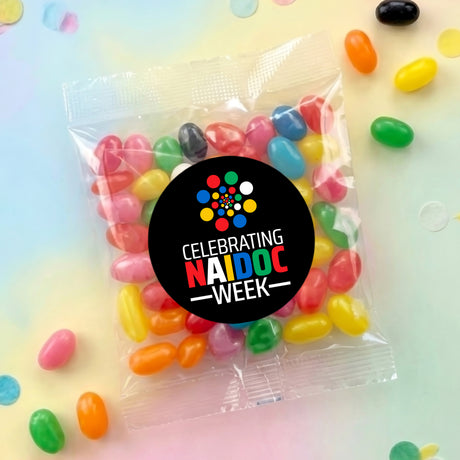 Personalised jelly bean bag with colorful beans and black “Celebrating NAIDOC Week” label