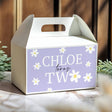 Purple gable favour box with daisy border and personalised text CHLOE, T'W
