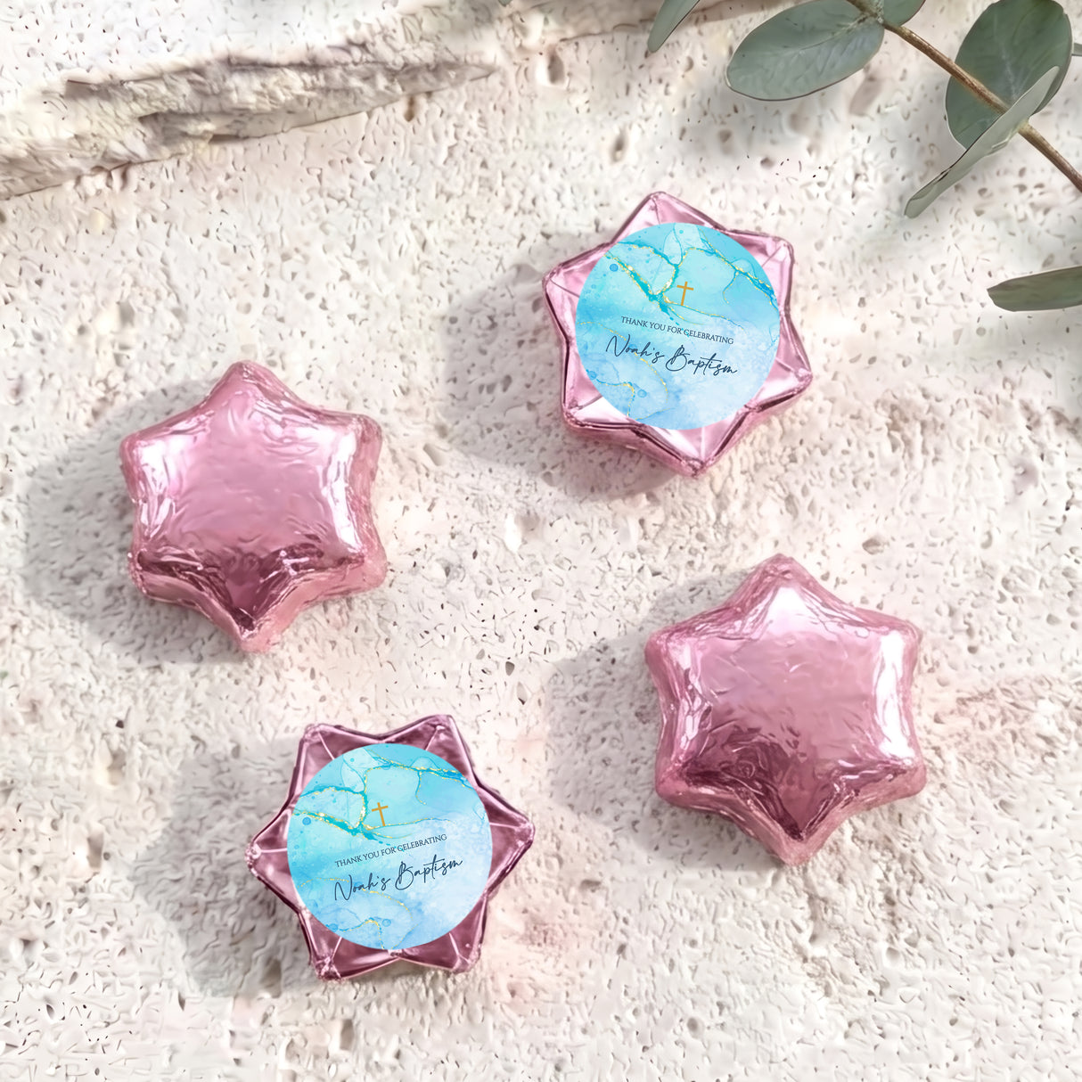 Personalised foil chocolate stars in pink with baptism label and cross motif