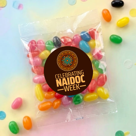 Personalised jelly bean bag with Celebrating NAIDOC WEEK badge and mixed jelly beans