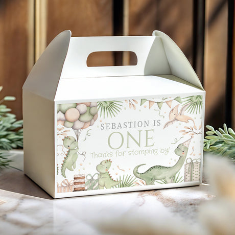 Personalised dinosaur gable favour box with ‘Sebastian is One’ and dinosaur illustrations