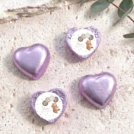 Purple heart foil chocolates with Baby shower label and teddy graphic