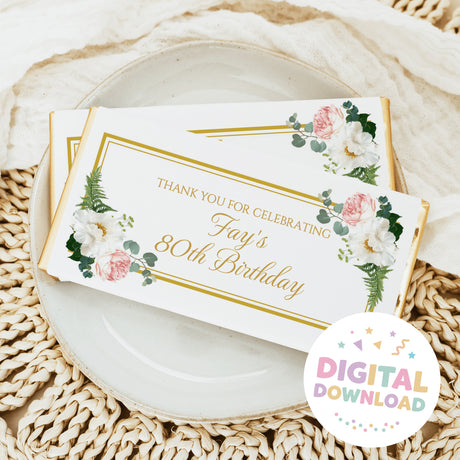 Gold-bordered floral birthday chocolate bar with message for 80th birthday