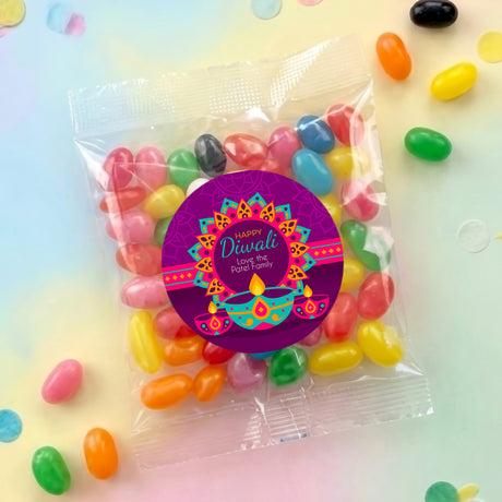 Purple personalized Diwali jelly bean bag with round seal and assorted colorful candies