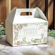 Dinosaur birthday gable favour box, white with 'SEBASTIAN IS THREE' text and dinosaurs